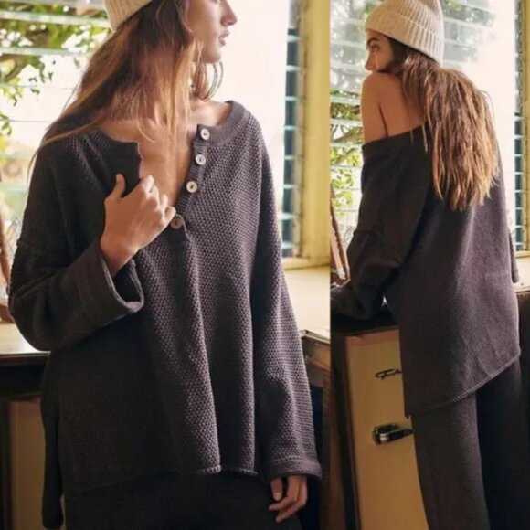 Free People FP Beach Brown Hailee Henley Sweater 26503 - Picture 1 of 8